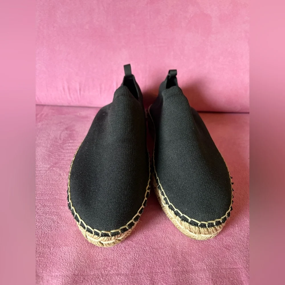 Prada Calzature Donna Black Knit Cotton Espadrille Shoes Slip On Jute Trim 37.5